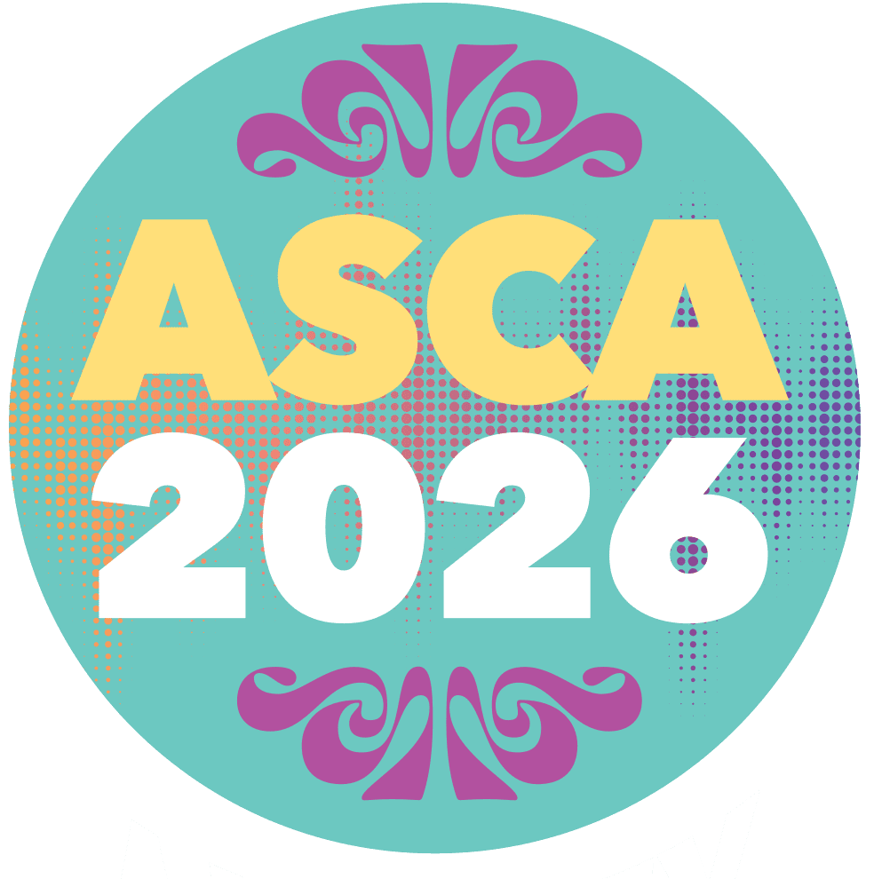 Circular badge logo for ASCA 2026 on a turquoise background with yellow 'ASCA' text and white '2026', accented by purple decorative swirls. Intended as an event logo.
